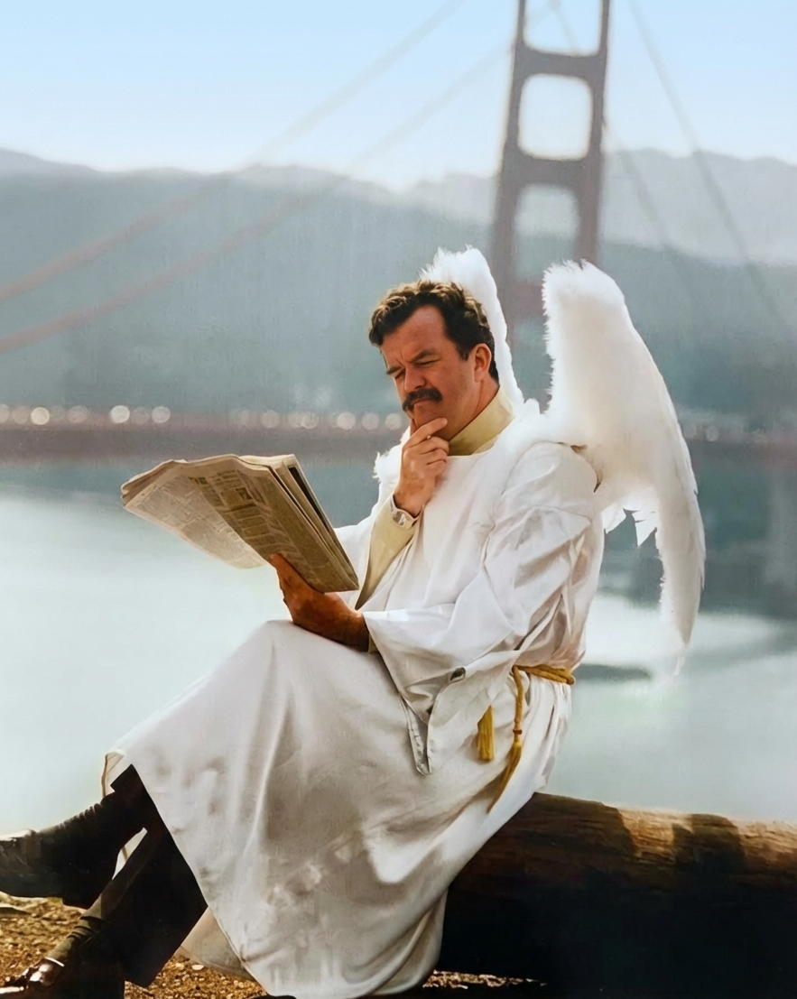Roger King dressed as an angel in front of the Golden Gate Bridge